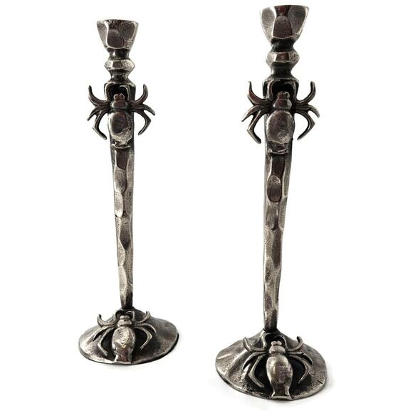Gothic Halloween Spider Candle Holder Pair Black Metal Spooky Taper Candle Decor - Picture 2 of 12